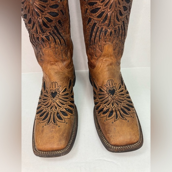 Cavender's Brown Leather Glitter Angel Wings Western Boots Size 8B. - Picture 3 of 12